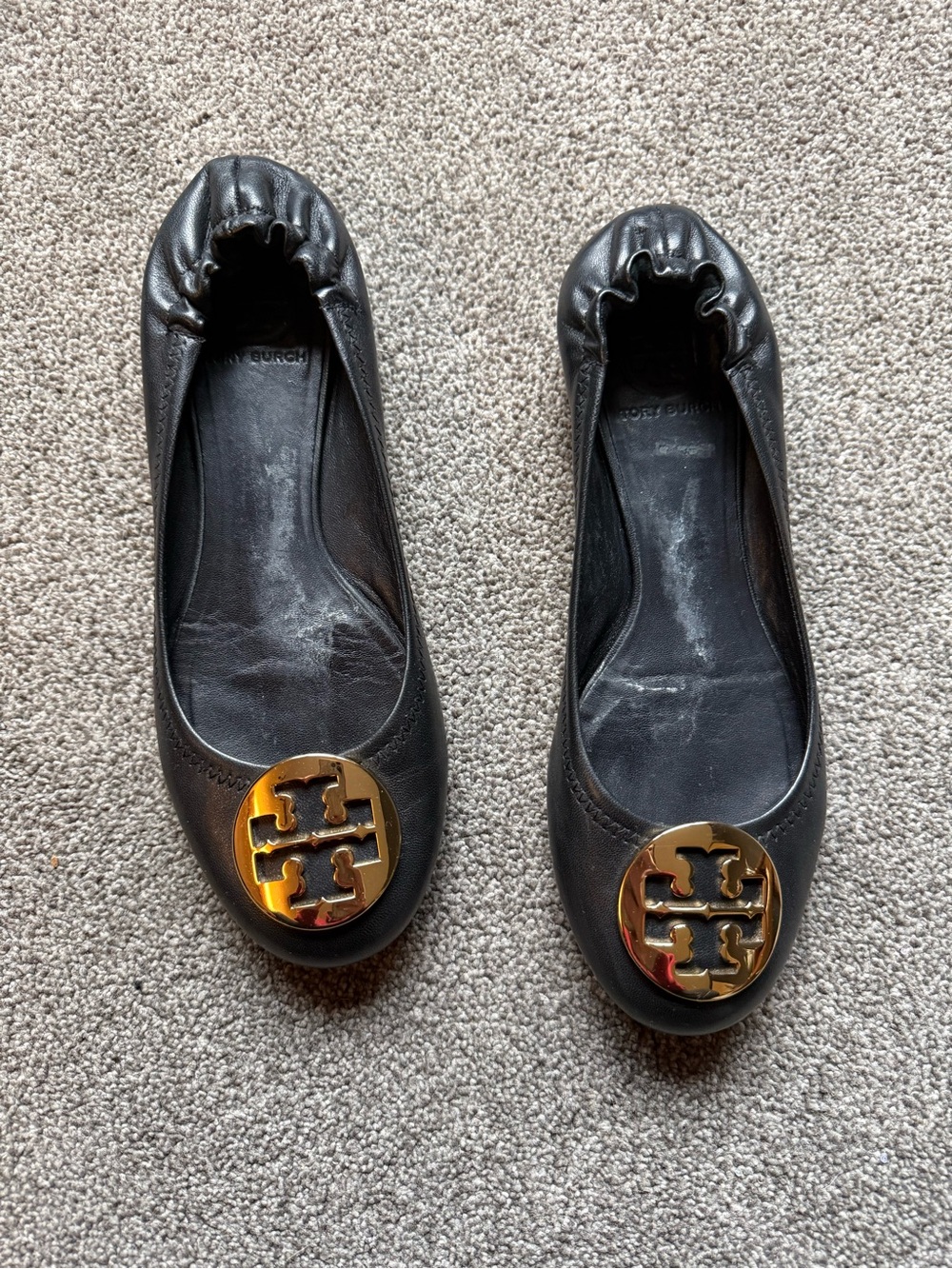Tory Burch Black Leather Ballet Flats with Gold Logo Medallion